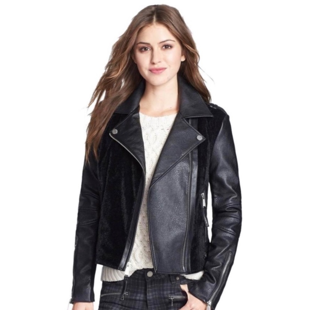 BCBGeneration black faux fur faux leather moto jacket with silver zipper details